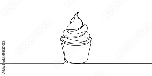 Cup ice cream continuous one line drawing. Single contour ice cream, Continuous one line drawing of ice cream isolated flat vector illustration