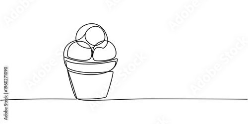 Cup ice cream continuous one line drawing. Single contour ice cream, Continuous one line drawing of ice cream isolated flat vector illustration