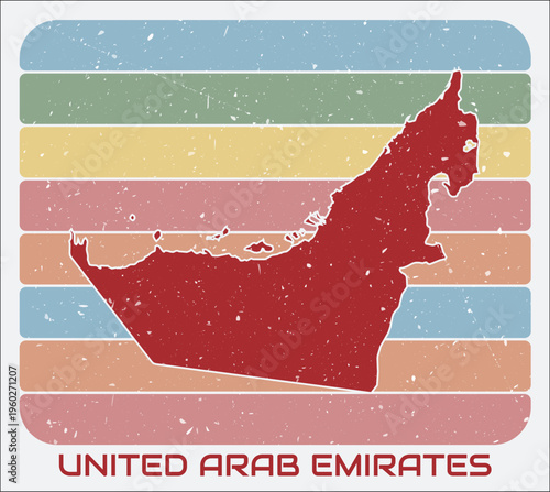 United Arab Emirates vintage logo. Shape of the country on retro colored stripes background. United Arab Emirates map design with grunge scratch texture. Vector illustration.