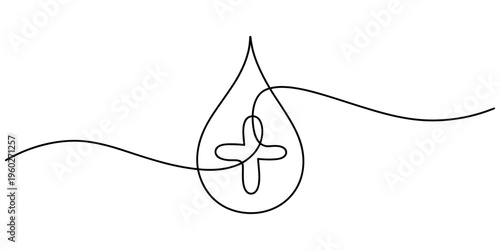 single line drawing of drop with plus. water drop continuous line drawing. Blood or oil drop linear symbol, World Blood Donor Day minimal.
