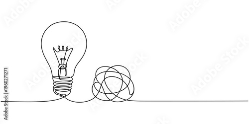 Self drawing of continuous one line art of Electric light bulb with untied knot in form of circle. Full length single line animation. Psychotherapy concept of solving problems is easy.