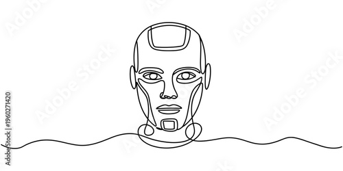 Robotic head continuous one line drawing, Futuristic robot head outline with circuit connections in minimalist style, no editable stroke, Robotic head continuous one line drawing, AI style.