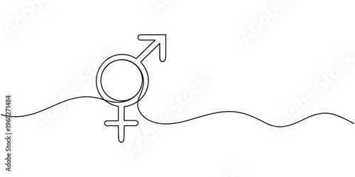 Self drawing line gender symbols man and woman signs continuous line drawn concept, Male and female signs. Mirror of Venus, shield and spear of Mars, man, woman. 