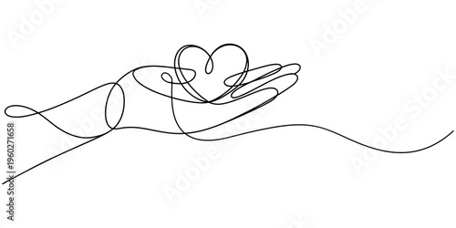 Hands holding heart continuous one line art drawing. Charity donation linear symbol. Vector illustration isolated on white.