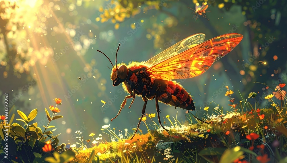Naklejka premium An illuminated wasp glides above wildflowers, sunlight streams through a lush forest