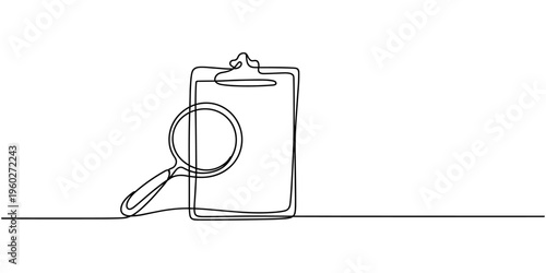 One continuous line drawing of magnifying glass and document, Business analysis concept, continuous line drawing clipboard with magnifying glass.