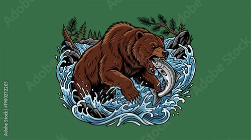 Brown bear in water hunting.