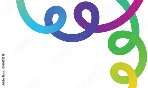 Colorful rainbow swirl elements blending into smooth fluid spiral wave design. vibrant gradient lines on white background. Dynamic swirl pattern.