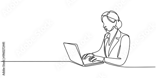 women with laptop continuous one line drawing, one line drawing of businesswoman working on laptop. Middle aged business woman using laptop working on computer sitting at desk