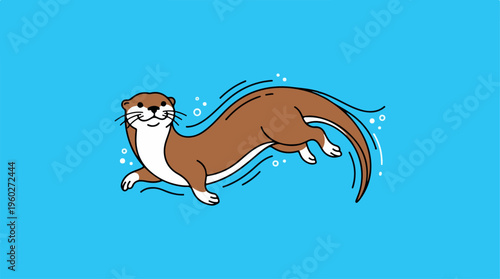 Cartoon Otter Swimming Fast Water.