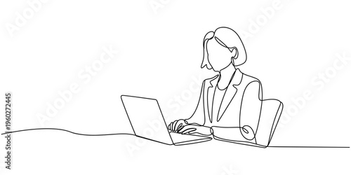 women with laptop continuous one line drawing, one line drawing of businesswoman working on laptop. Middle aged business woman using laptop working on computer sitting at desk