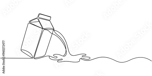 Milk carton with milk spilling out, continuous lines, self-drawing, Continuous one line drawing carton paper box fresh milk one liter product package, single line art concept vector.