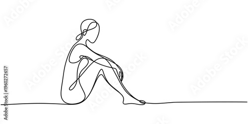 naked woman sitting continuous one line drawing, hand drawn young beauty woman sitting back side one line drawing continuous minimalism copy space thin line illustration.
