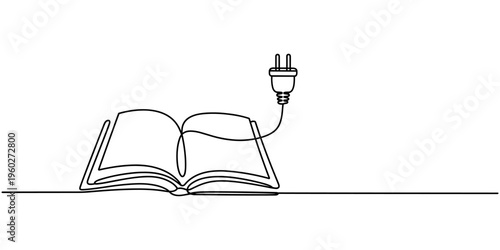 continuous one line drawing of Open book with cable plug, electronic book concept line art symbol or logo, e-book, education and literature reading library.