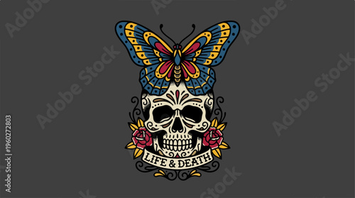 Colorful Skull Butterfly Tattoo Design.