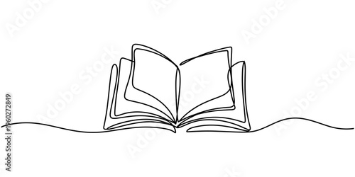 book continuous one line drawing, Continuous one line drawing of an open book, symbolizing knowledge, education, learning, and literary storytelling concept art Vector, illustration, One line drawing