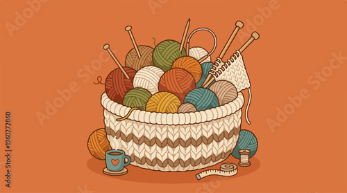 Colorful Yarn Balls in Basket.