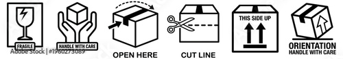A comprehensive set of outline shipping and packaging instruction icons for safe handling, illustrating important logistical considerations in business.