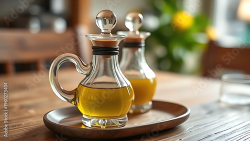 cruet. A classic glass cruet set with olive oil and vinegar on a rustic wooden table. menu design, packaging mockups, designed for culinary blogs and recipe cards for restaurants.