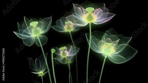 Glowing Neon Green Transparent Flowers on Black Background Abstract Floral Light Art