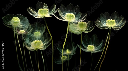 Glowing Neon Green Transparent Flowers on Black Background Abstract Floral Light Art