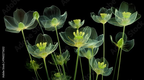 Glowing Neon Green Transparent Flowers on Black Background Abstract Floral Light Art