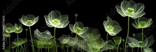Glowing Neon Green Transparent Flowers on Black Background Abstract Floral Light Art