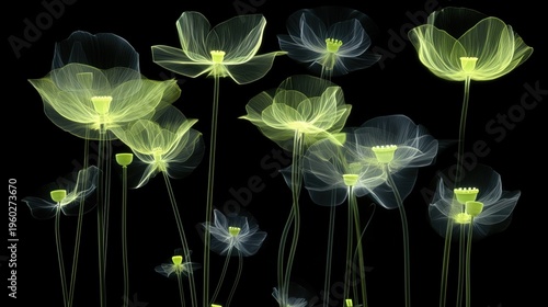 Glowing Neon Green Transparent Flowers on Black Background Abstract Floral Light Art