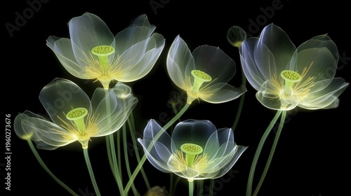 Glowing Neon Green Transparent Flowers on Black Background Abstract Floral Light Art