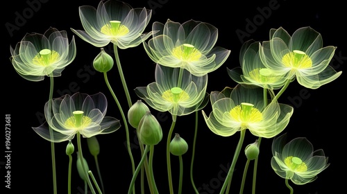 Glowing Neon Green Transparent Flowers on Black Background Abstract Floral Light Art