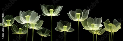 Glowing Neon Green Transparent Flowers on Black Background Abstract Floral Light Art
