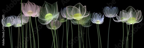 Glowing Neon Green Transparent Flowers on Black Background Abstract Floral Light Art