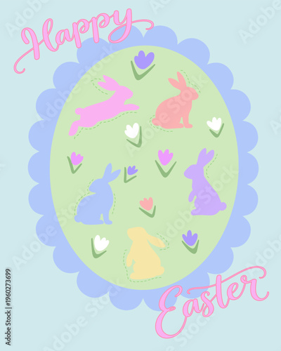 Cute pastel Easter illustration with bunny silhouettes, spring flowers and decorative oval frame. Flat vector style, perfect for greeting cards, prints, seasonal designs and packaging.