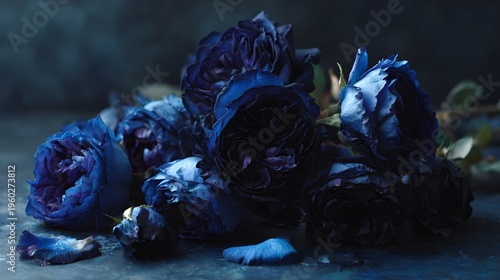 Dark Blue Flowers Arrangement Moody Lighting Artistic Composition.