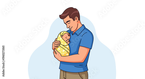 Father Gently Holds Sleeping Newborn Baby Illustration