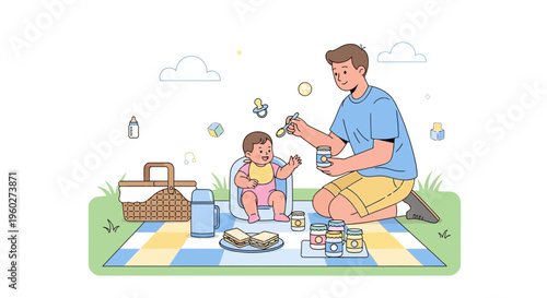 Father Feeding Baby During Outdoor Picnic Adventure