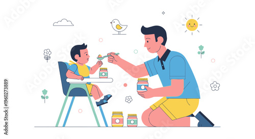 Father Feeding Baby Joyful Parenting Moments Illustration
