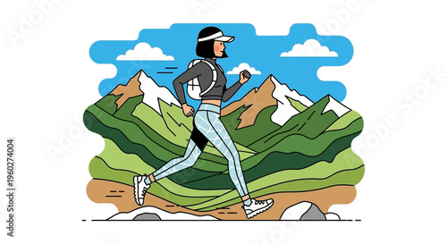 Female Runner Conquers Mountain Trails In Vibrant Outdoor Adventure Illustration