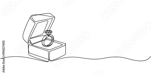 Continuous one line drawing of engagement or wedding ring in the gift box. Editable line vector, Diamond engagement ring in open jewelry box continuous one line drawing vector illustration