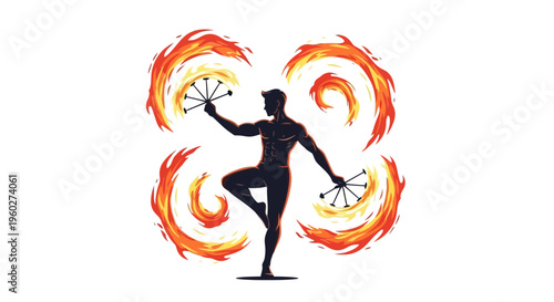 Fiery Performer Engaged in Dynamic Fire Dancing with Fans