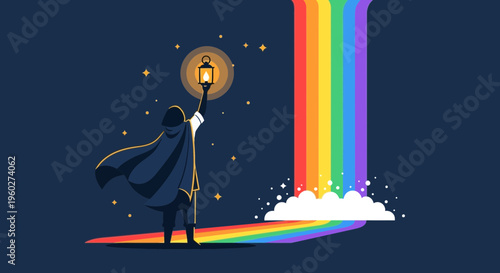 Figure Holding Lantern Towards Vibrant Rainbow Arc Skyward