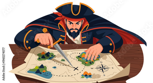 Fierce Pirate Charting Course With Sword And Treasure Map
