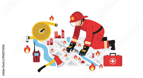 Firefighter Planning Emergency Response on City Map for Safety