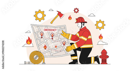 Firefighter Strategic Planning Operations Emergency Response Map And Equipment Illustration