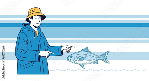 Fisherman And Fish Illustrative Graphic For Marine Life Enthusiasts