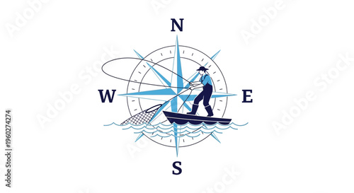 Fisherman On Boat With Compass And Net Nautical Theme