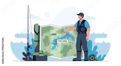 Fisherman Planning Trip Points To Fish Area On Lake Map