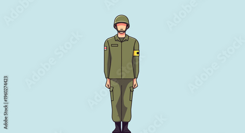 Flat Design Soldier Standing In Military Uniform Ready For Duty