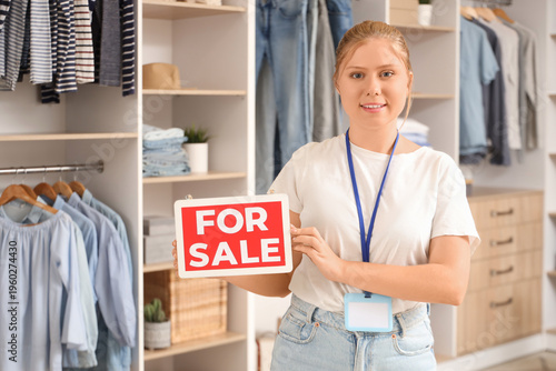 Female seller with FOR SALE...