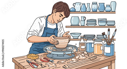 Focused Artisan Crafting Clay Vessel on Pottery Wheel